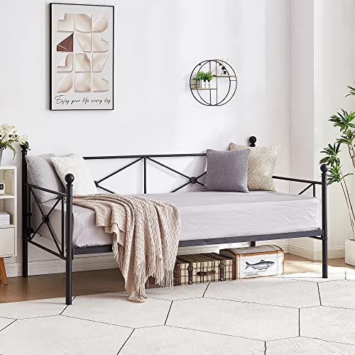 VECELO Metal Daybed Frame Multifunctional Platform Bed Sofa Mattress Foundation with Deluxe Headboard, Twin,Matte Black