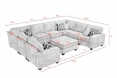 138.6'' Flexible Combination Modular Sofa Sectional, Charcoal