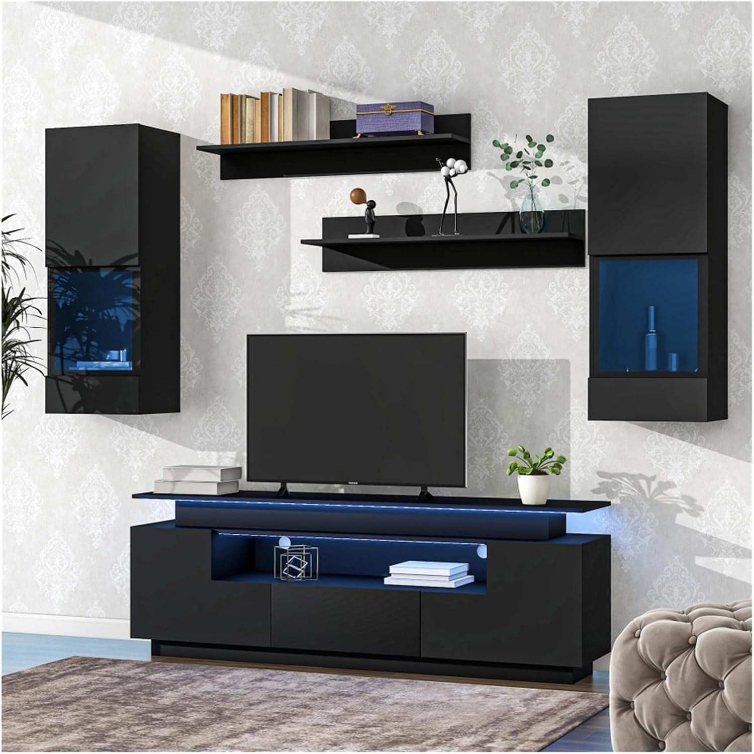Tv cabinet, Functional TV stand, 5 Pieces Floating TV Stand Set, High Gloss Wall Mounted Entertainment Center with 16-color LED