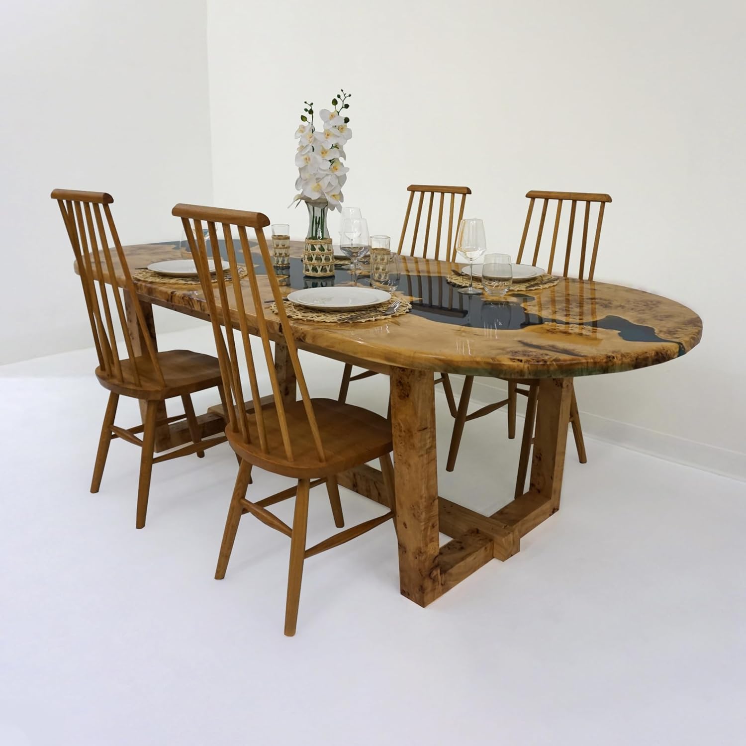 Oval Modern Epoxy Resin Table - Handcrafted Maple with Blue Accents - Conference Room Tables