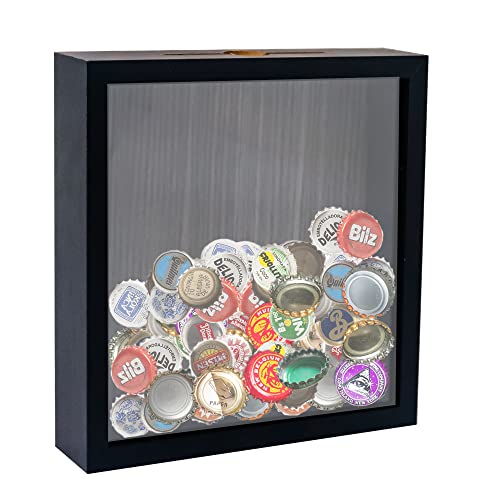 GraduationMall 8x8 Top Loading Shadow Box Frame with HD Glass,Wood Display Case with Slot,1.25 inches Interior Depth,Ideal for Wine Bottle Caps,Tickets,Shells,Stamps and More,Black