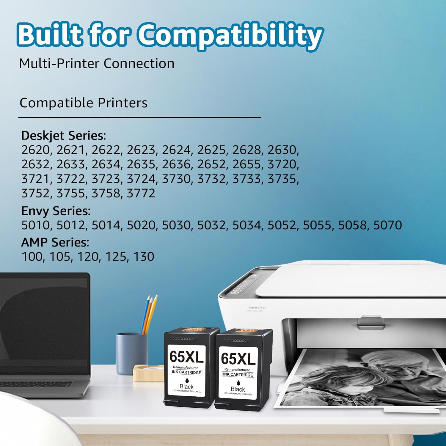 Palmtree Remanufactured Ink Cartridge Replacement for HP 65 black Ink Cartridge HP 65 XL 65XL for HP Deskjet 3755 Ink Cartridges 3700 3752 2652 2622 2655 Envy 5055 5052 Printer High Yield (2 Black)