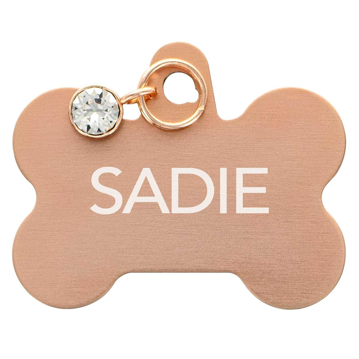 TagWorks Rose Gold Bone with Crystal Charm Personalized Pet ID Tag - Pet Supplies online store