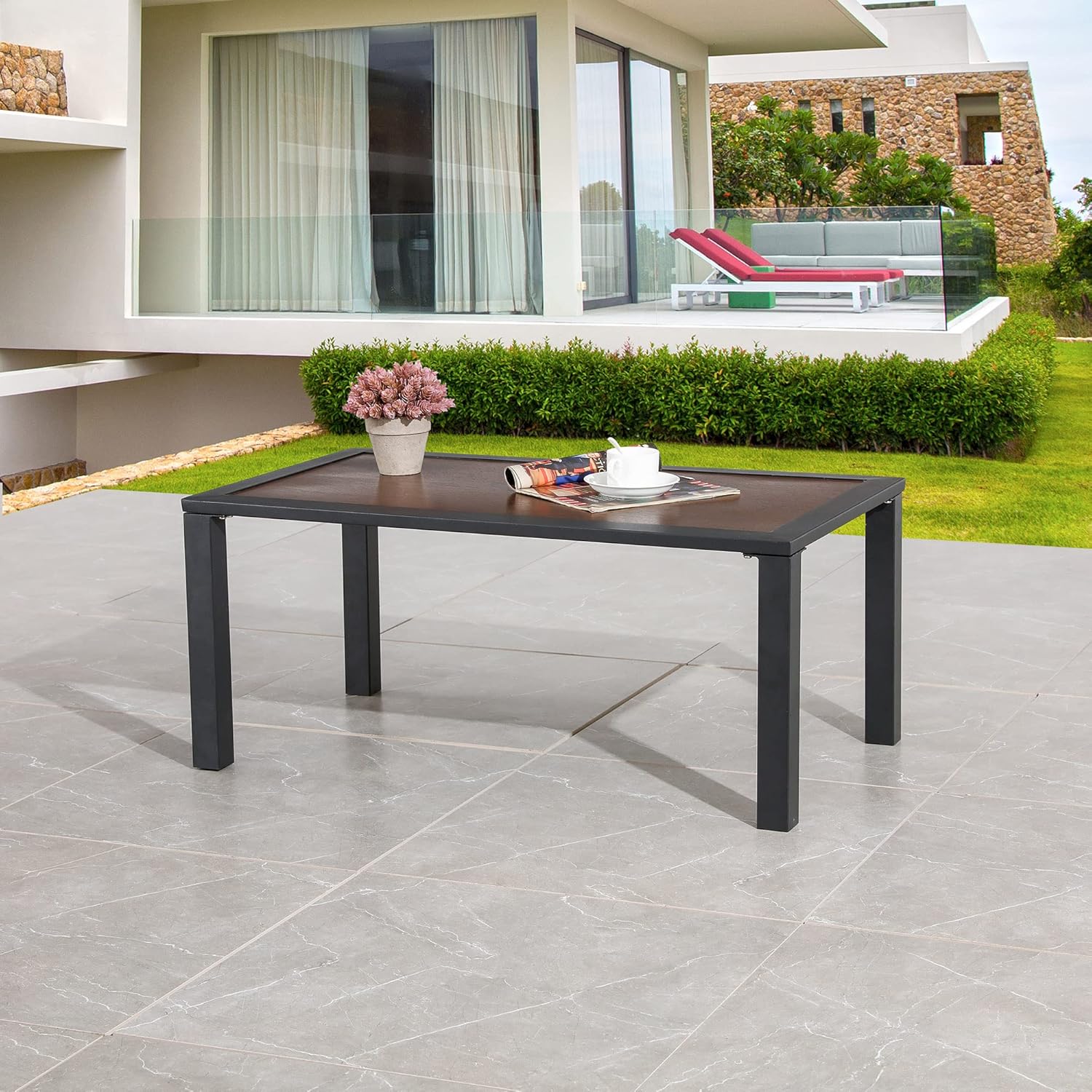 LOKATSE HOME Outdoor Patio Rectangle Coffee Table with Metal Frame All Weather, Brown