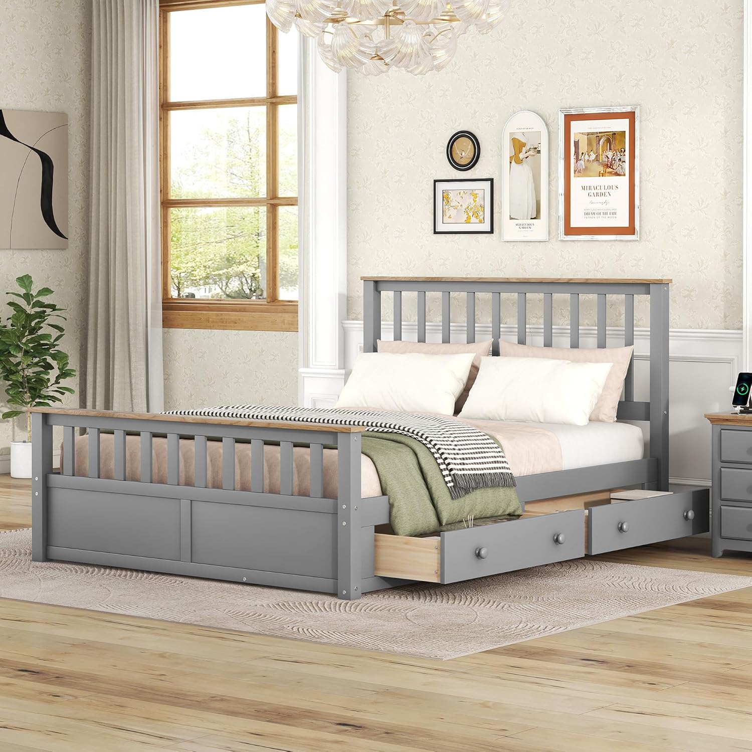 Queen Bed Frame with 2 Storage Drawers Wood Platform Bed with Headboard and Footboard Panel Beds with Slats for Boys, Girls, Kids, Teens, Gray with Natural