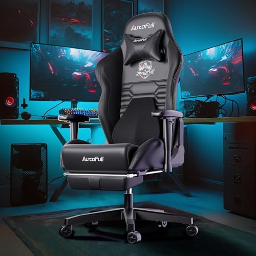 AutoFull Gaming Chair PC Chair with Ergonomics Lumbar Support, Racing Style PU Leather High Back Adjustable Swivel Task Chair with Footrest (Grey)