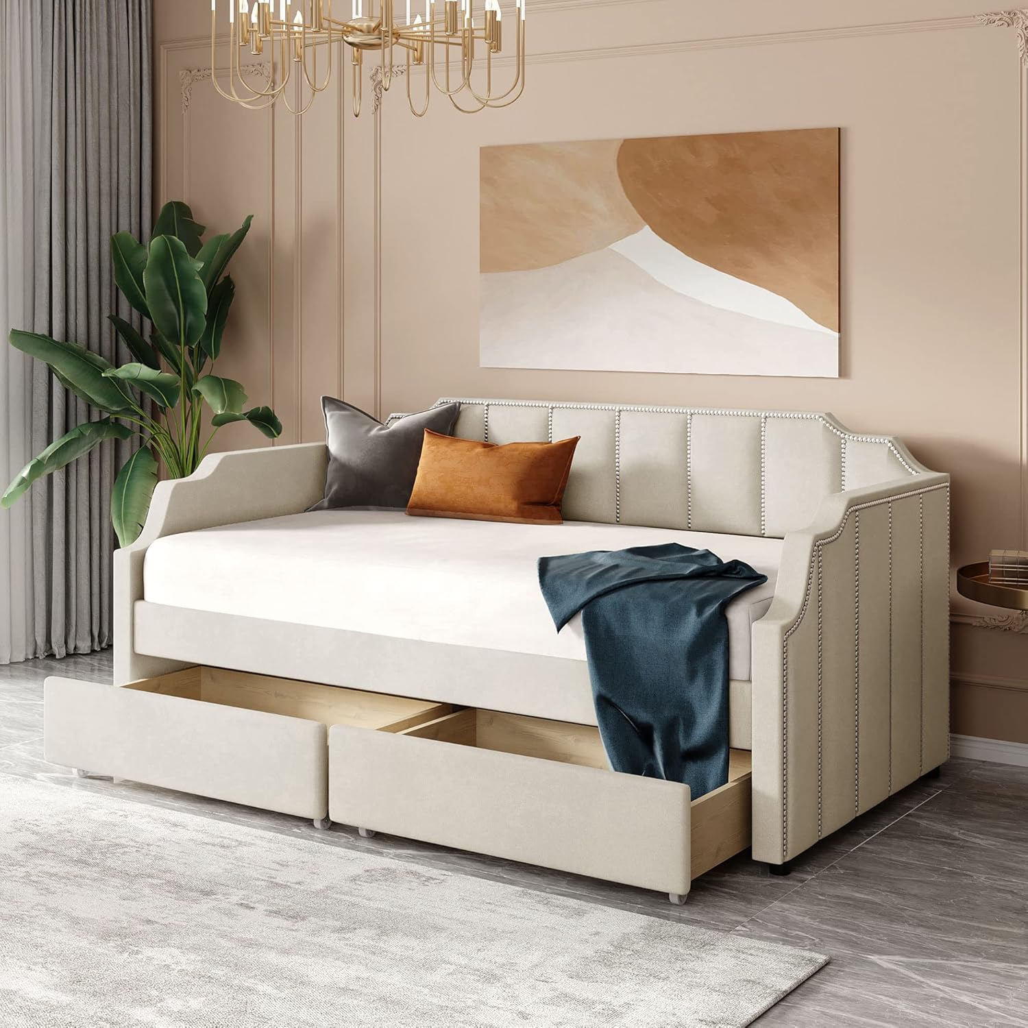 Daybed with Drawers, Modern Velvet Upholstered Twin Size Day Bed Velvet Sofa Daybed Frame with Double Drawers, No Box Spring Needed, Furniture for Bedroom Living Room Guest Room