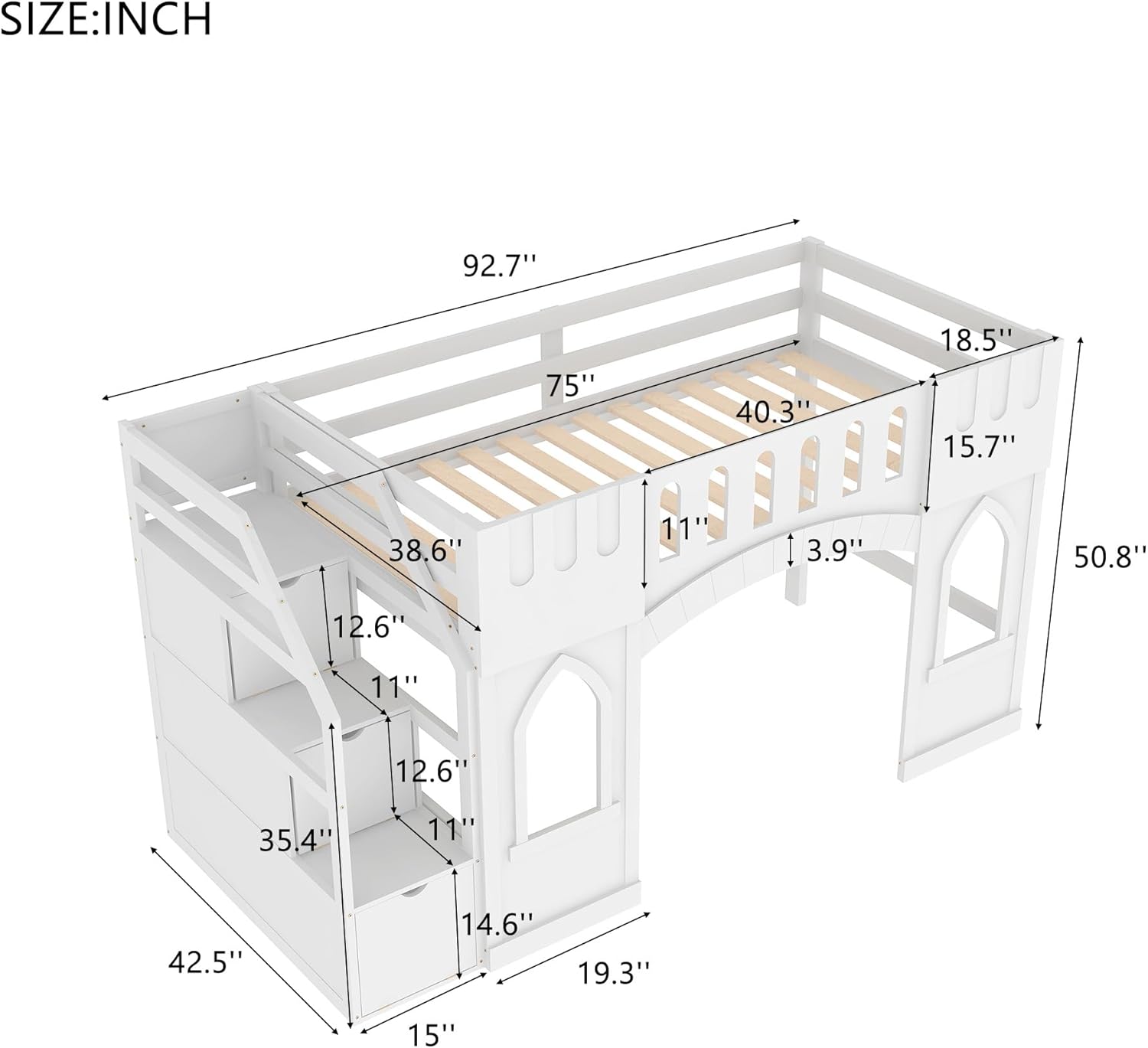 Stairway Twin Size Loft Bed with Storage Design for Kids Bedroom,Solid Wood Bedframe w/Safety Guardrails,No Box Spring Needed & Space Saving, White