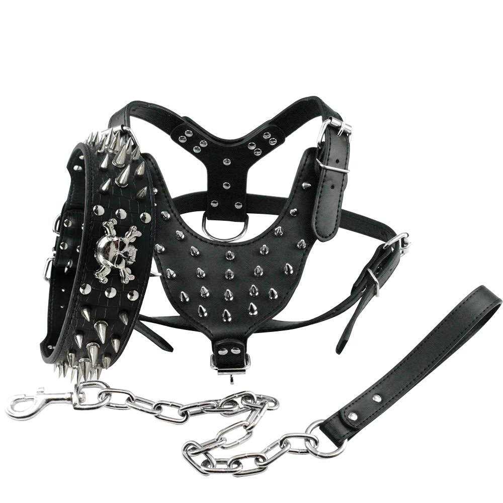 Berry Pet Black Leather Spikes Studded Medium & Large Dog Collar & Leash & Harness 3 Pcs Set for Pitbull Boxer - Pet Supplies online store