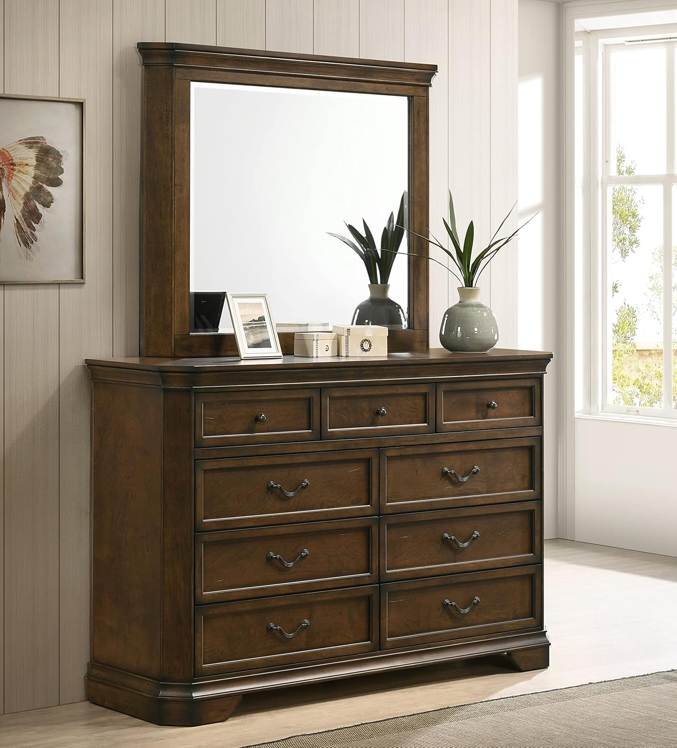 Roundhill Furniture Maderne Traditional Wood 9-Drawer Dresser with Mirror, Antique Walnut