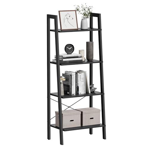 VASAGLE Ladder Shelf, 4-Tier Bookshelf, Storage Rack, Bookcase with Steel Frame, for Living Room, Home Office, Kitchen, Bedroom, Industrial Style, Rustic Dark Brown and Black ULLS44BF