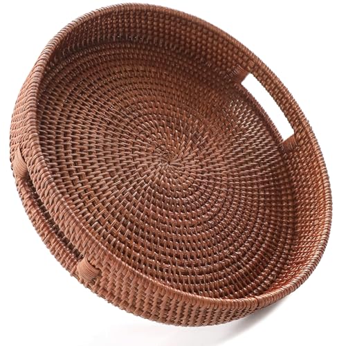 HITOMEN 11.8'' Hand-Woven Round Rattan Serving Tray Decorative Wicker Trays with Handles for Coffee Table (Natural-M)