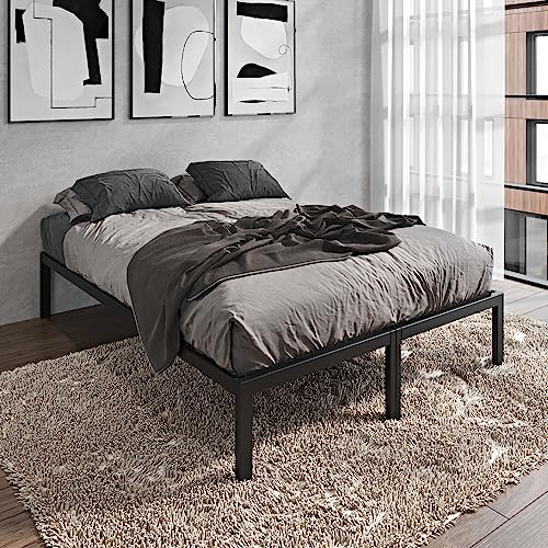 Black Mango Wood 1 Black Square King Bed Frame 14 Inch High 3inch Wide Wood Slats with 500lbs Support Bed Frame for Foam Mattress No Box Spring Needed Bed Frame