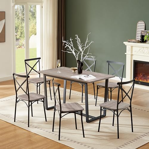 LUMISOL 7 Piece Dining Table Set, Heavy Duty Metal Dining Table Set with Faux Marble Tabletop, Kitchen Table Set with 6 Chairs for Kitchen, Dining Room, Living Room, Space-saving, White+Brown