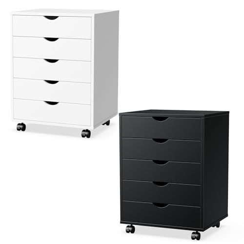 DUMOS 5 Chests of Drawers Storage Cabinets with Wheels Dressers, White Wood(2 Pack)