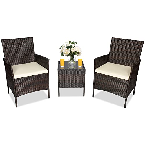 3-Piece Patio Outdoor Rattan Furniture Chairs,Conversion Sets Modern Wicker Clearance Garden Yard Apartment with Coffee Stronge Table & Warm Cushion,Brown (Brown&Beige) (zjj)
