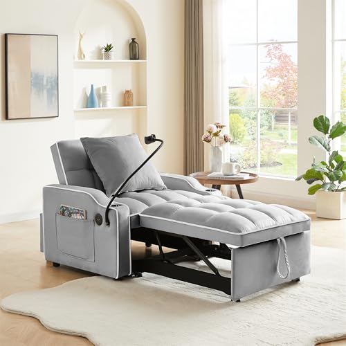 GERRIT Velvet Convertible Sleeper Sofa Chair Bed, 3 in 1 Multi-Functional Lounge Chair Sleeper, Pull Out Couch Guest Bed with USB Port & Cup Holder for RV, Living Room, Small Spaces (Grey)