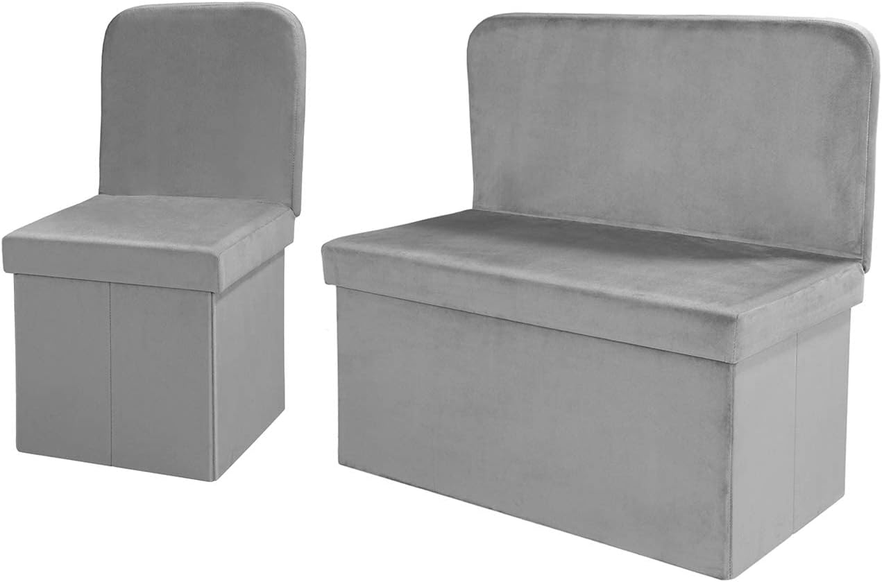 B FSOBEIIALEO Velvet Storage Ottoman with Seat Back, Folding Chair for Living Room, Room Organizer Storage Cubes, Toy Chest Storage Box Grey