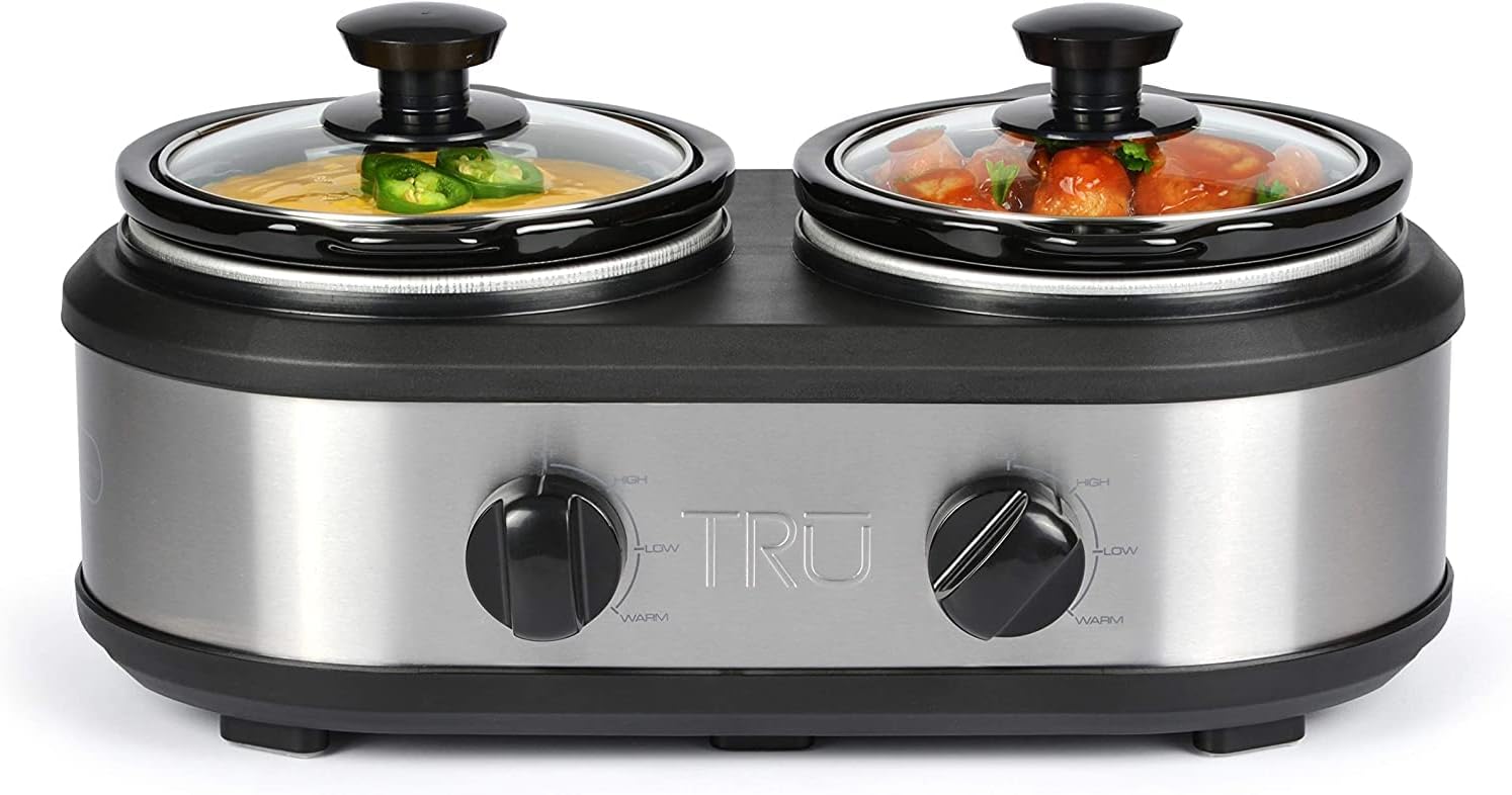 TRU Double Slow Cooker by Select Brands - Double Buffet Server for Parties, Holidays & Gatherings - Double Slow Cooker Buffet Server - 2 Inserts, Each 1 1/4 Quarts