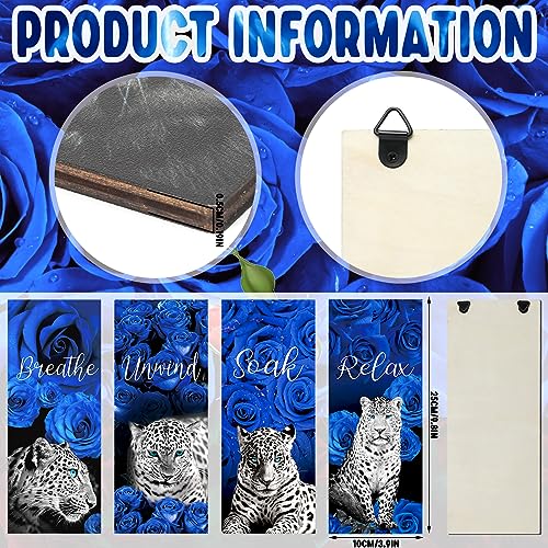 XEFINAL Set of 4 Blue Rose and Leopard Bathroom Wall Decors Blue Bathroom Wall Decor Blue and Black Bathroom Set for Living Room Laundry Bathroom Home Decor, 10 x 4 Inch(Blue Rose and Leopard)