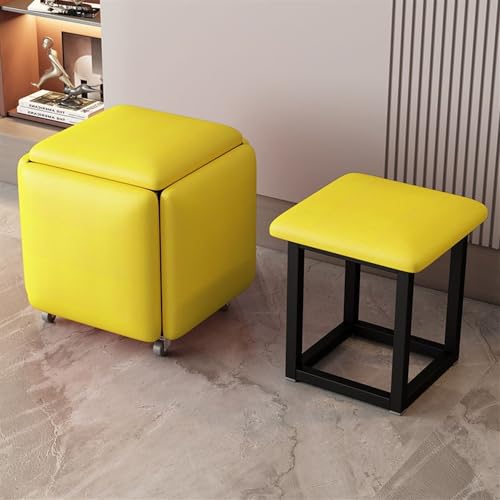 5 in 1 Seating Cube Footstool with Wheels, Stackable Sofa Chair Stool, Dressing Chair for Living Room Bedroom(Color:Yellow Leather,Size:Large)