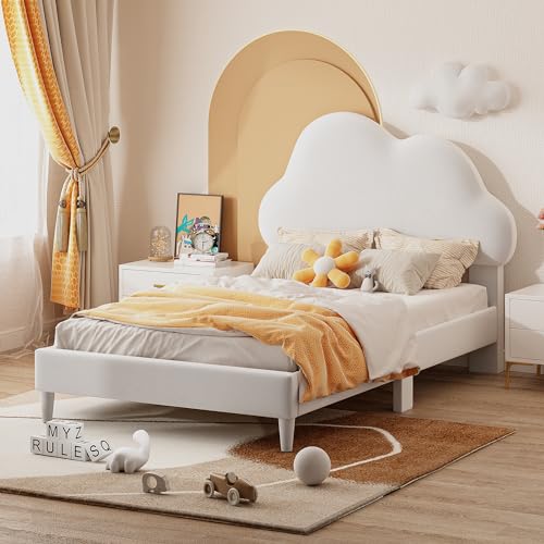 Twin Size Velvet Upholstered Platform Bed with Cloud-Shape Headboard, Wooden Bed Frame with Wood Slats Support for Kids Teens Boys Girls, No Box Spring Needed (Pink)