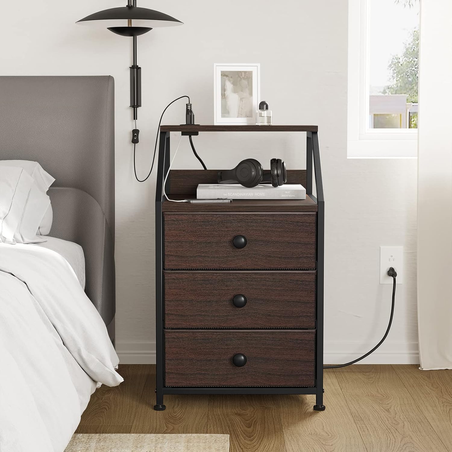 REAHOME Nightstand Set of 2（Rustic Brown + Black）