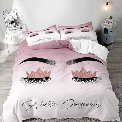 VIVIHOME 3PCS Hello Gorgeous Bedding Set, Duvet Cover Queen, Silver Glitter Bling Makeup Eyelash Girly Fashion Glam Pink Bedding, Comforter Cover Pink Room Decor Bedroom Decor for Women, 2 Pillowcases