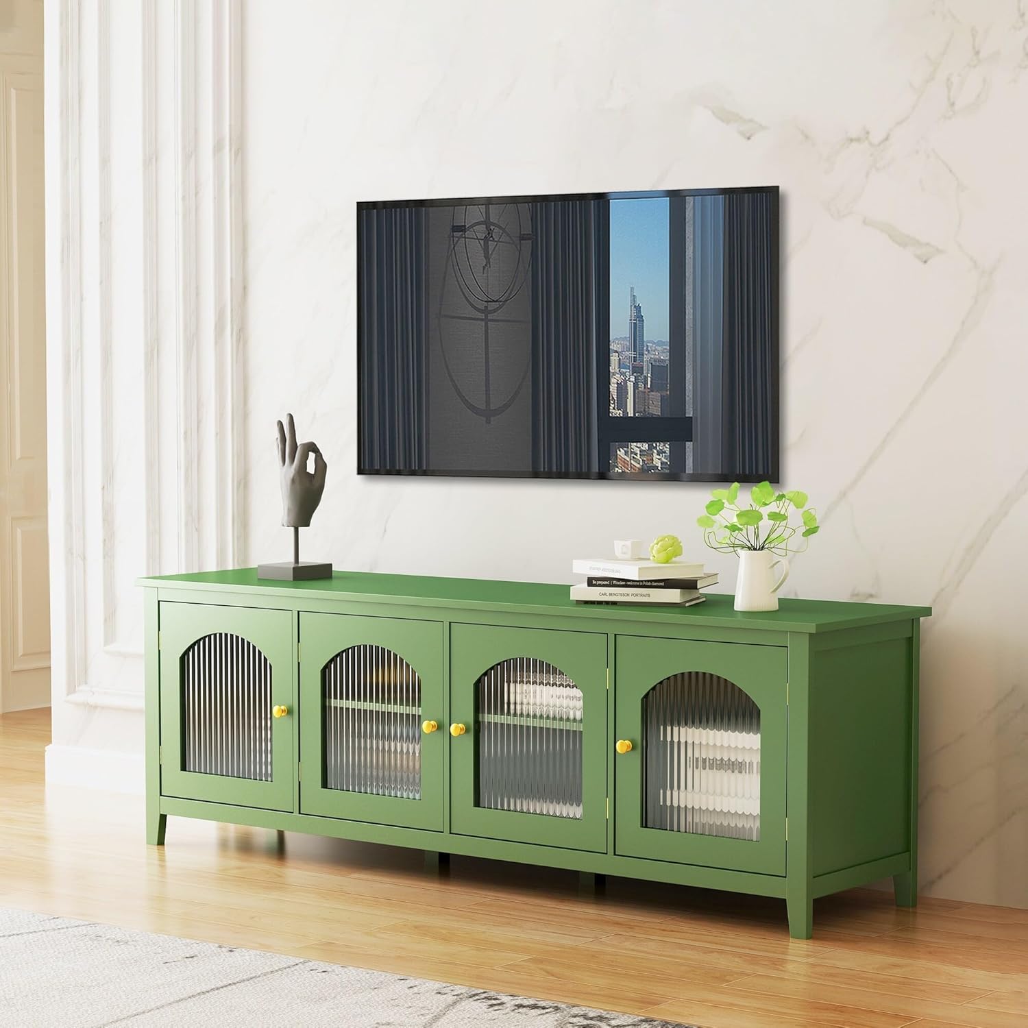 70.87-inch Solid Wood Tv Stand with Rainbow Glass Door Antique Green Finish Media Console Table Holds Up to 70