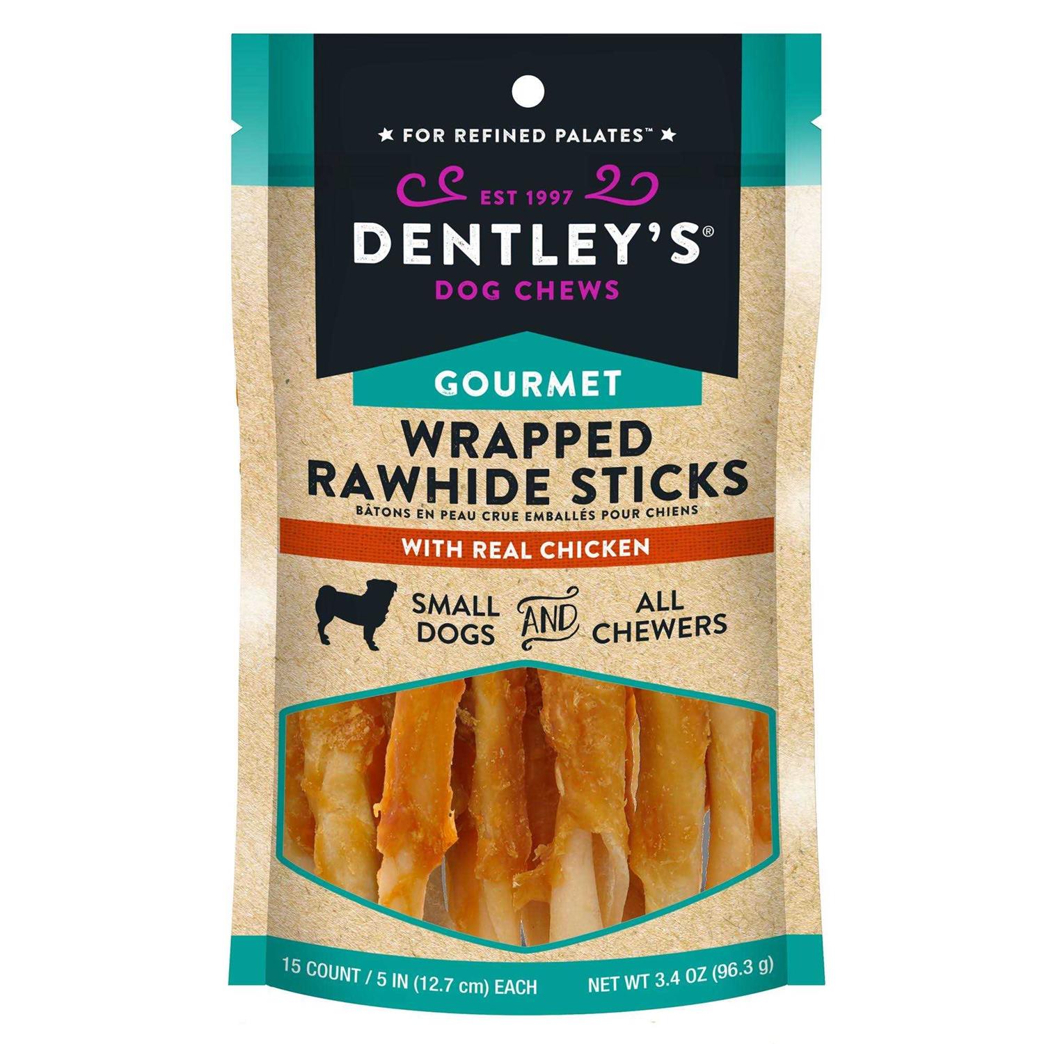 Dentley's Gourmet 5 Wrapped Rawhide Sticks Dog treats Chicken - Pet Supplies online store