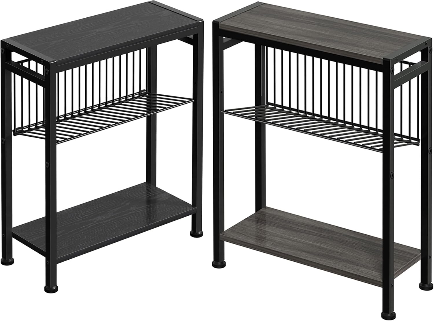 Small End Table for Small Space, 3-Tier Narrow Side Table with Magazine Holder (Black) & (Grey)