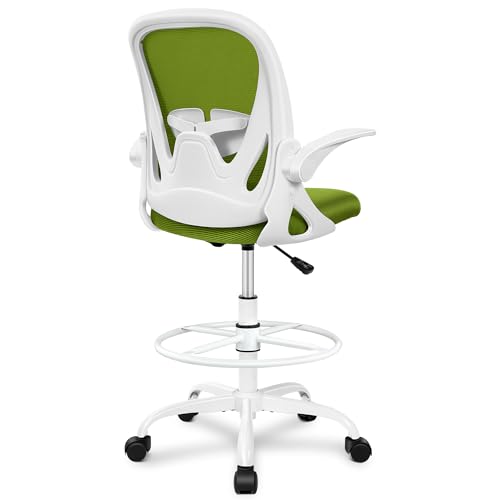 Primy Drafting Chair Tall Office Chair with Flip-up Armrests Executive Ergonomic Computer Standing Desk Chair with Lumbar Support and Adjustable Footrest Ring (AvocadoGreen)