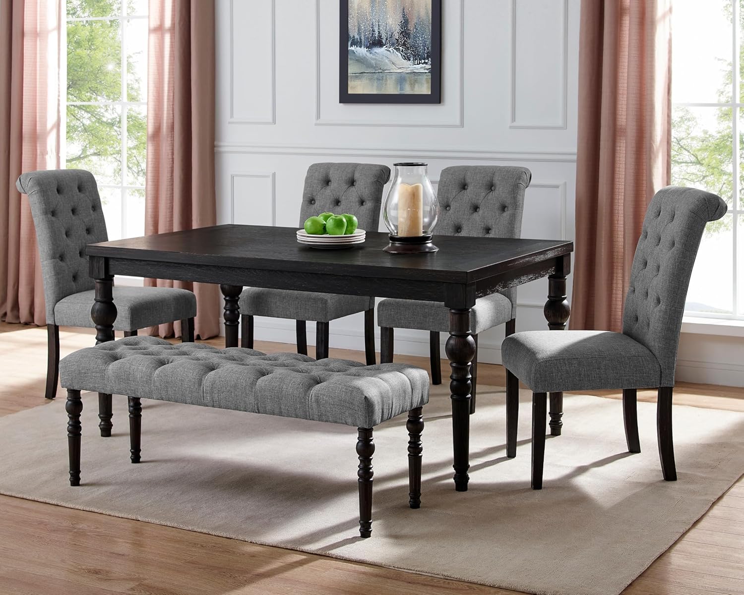 Urban Style Dark Wash Wood Dining Set: Table, 4 Chairs and Bench (Black) T2574S00118