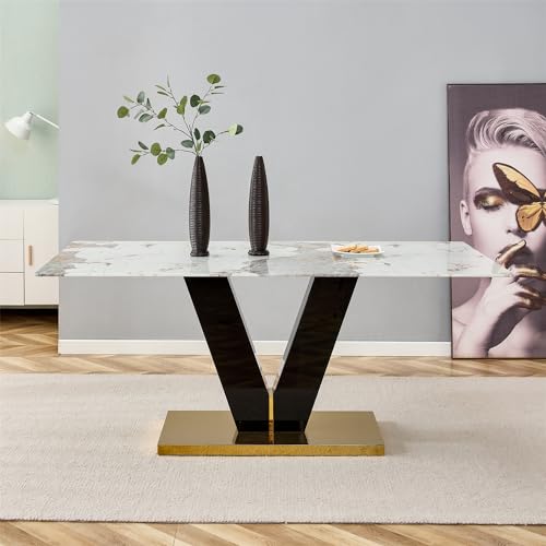 71'' Faux Marble Dining Table and Chair Set for 6, Dining Table Set for 6, Modern Dining Room Table Set for 6 for Living Room Home (Black Gold Table+White B Chairs, 1 Table+6 Chairs)