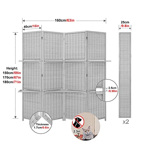 Privacy Screen Room Divider 4 Panel Natural Bamboo Room Divider with Removable Shelves, 5ft/6ft Tall Folding Privacy Screen Panels for Home Office, Partition Separators, Study Room(Tall 180cm/70.8in)