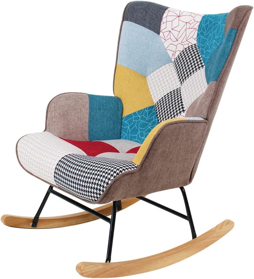 Nursery Rocking Chair Upholstered Fabric Glider Chair High Backrest Armchair Chair for Living Room Bedroom Apartment, Colorful Patchwork Linen, Wood Legs