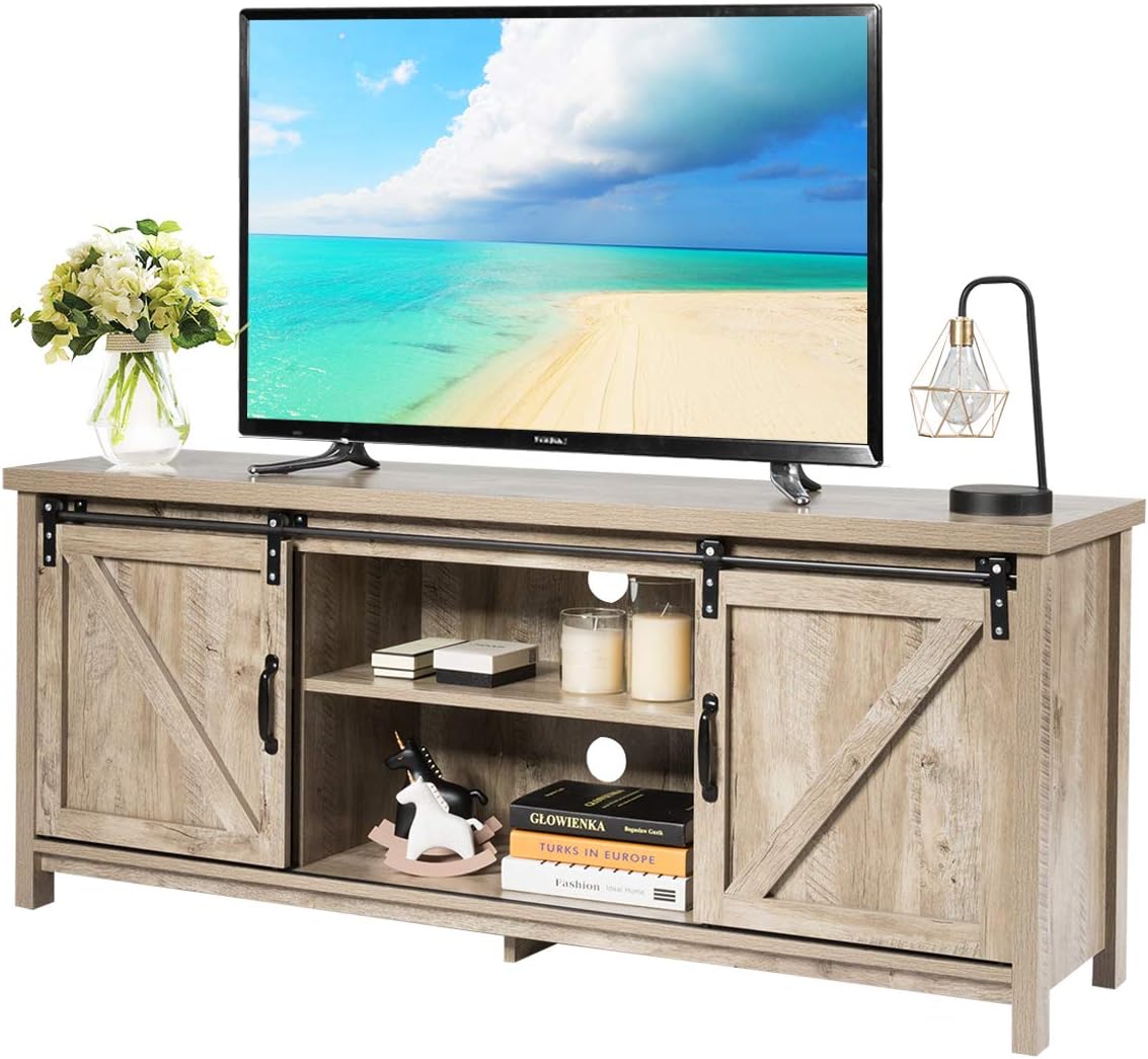 CASART Wooden TV Cabinet, 3 Tier TV Console Table with Sliding Barn Doors and Shelves, Rustic Media Entertainment Center for Living Room Bedroom Office (Grey Wash), 147 x 40 x 60cm, CAHW61826