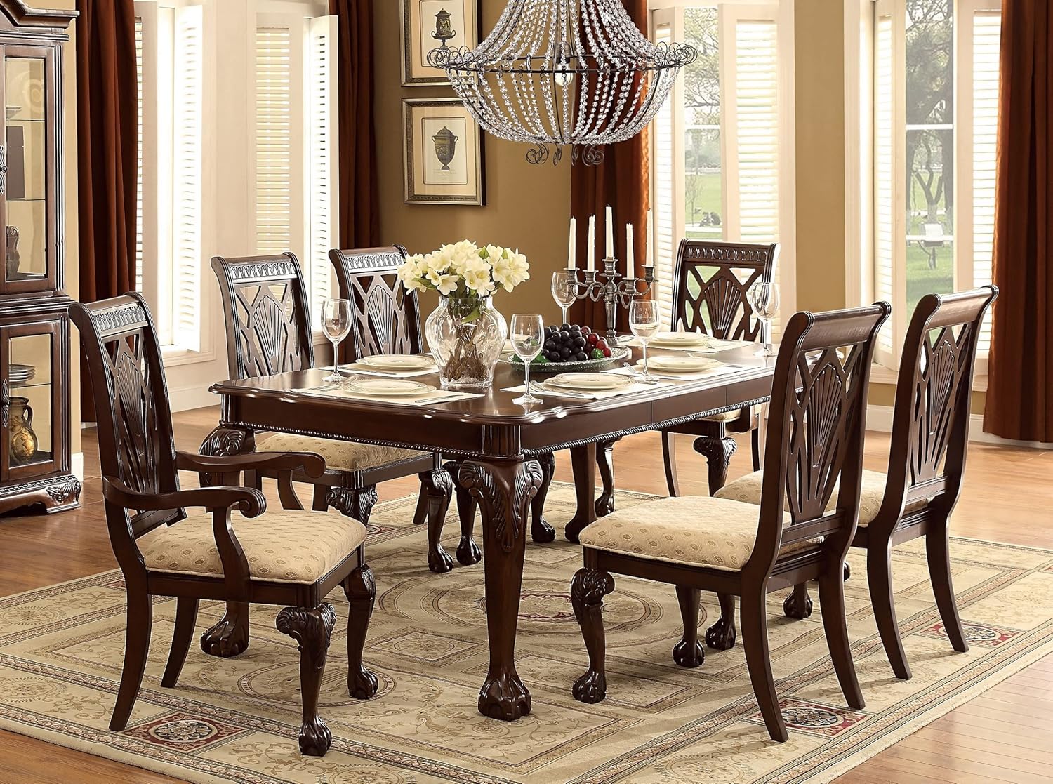 Traditional Design Dark Cherry Finish 7pc Dining Set Dining Table w Extension Leaf 2 Arm Chairs 4 Side Chairs Decorative Table Top Formal Dining Room Furniture