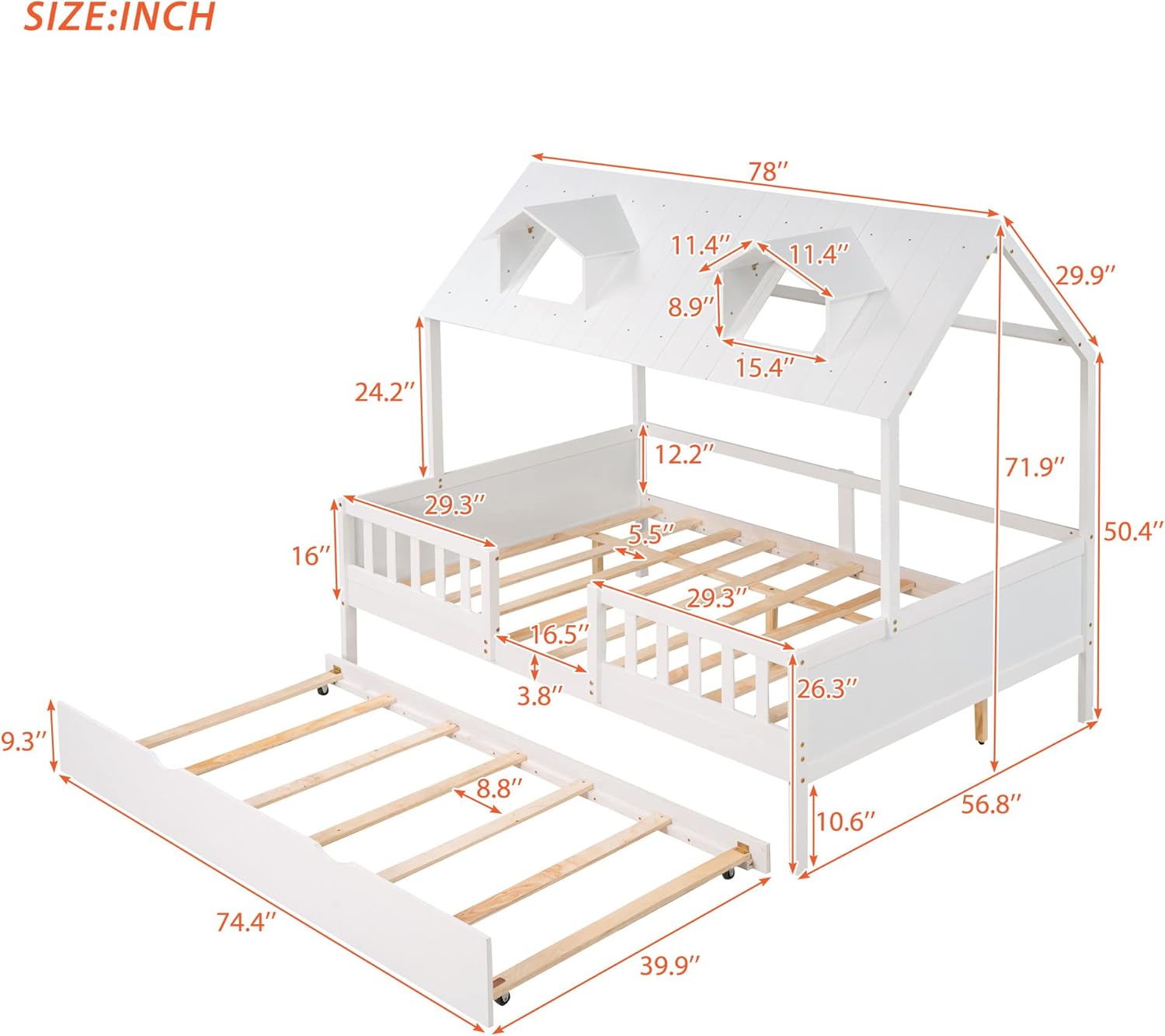 Petfu Double Wooden/Twin Bed, Ground Deck Bed/Cottage/Sofa Bed/Folding Roller Bed with Double Bed Castor, Double Bed Frame with Safety Bar, for Children/Teenagers (White)