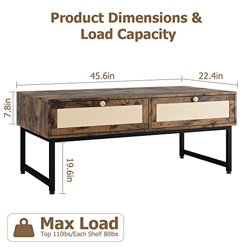 Rattan Coffee Table with Storage, Mid Century Modern Rectangle Center Table with 2 Drawers & Metal Frame, Accent Table for Living Room, Apartment, Brown