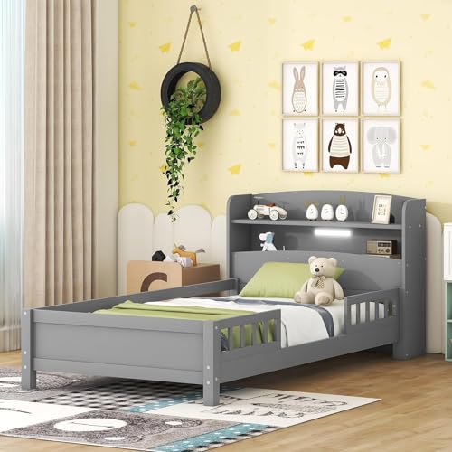 Twin Bed Frame with Storage Headboard and Fence Rails, Wood Low Platform Beds with LED Light and Slat Support for Kids Boys Girls Teens, No Box Spring Needed, Twin Size (Grey)