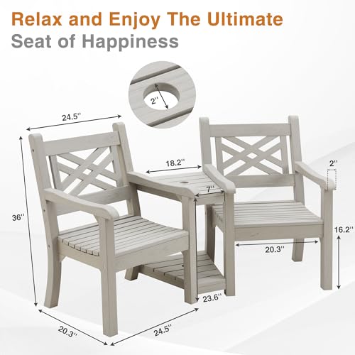 Psilvam Patio Furniture, All-Weather Poly Lumber Outdoor Loveseat, 2-Seater Outdoor Chair with Center Table & Umbrella Hole, Waterproof Accent Chairs Suitable for Lawn, Garden, Terrace (Teak Color)