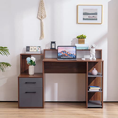 ivinta Computer Desk with Drawers, 52 inches Office Desk with Hutch and Printer Shelf, Modern Writing Desk Study Table for Small Spaces, Bedroom, Home Office (Brown)