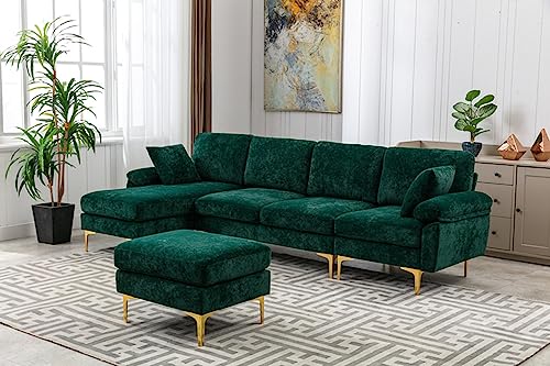 U-Shaped Sectional Sofa Couch, 114 Inches Modern Fabric Upholstered Accent Sofa with Chaise Lounge, Ottoman and 2 Pillows, Convertible Modular Large Sofa Couch for Living Room, Purple