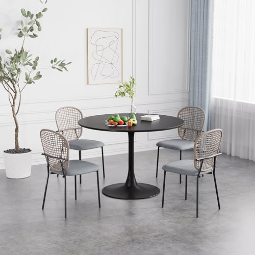Black Round Dining Table Set, Small Retro Circle Dining Room Set for 4, 42'' Mid Century Modern Kitchen Table Set, 5 Pcs Farmhouse Circular Dining Set with 4 Linen Ratten Chairs for Coffee Shop