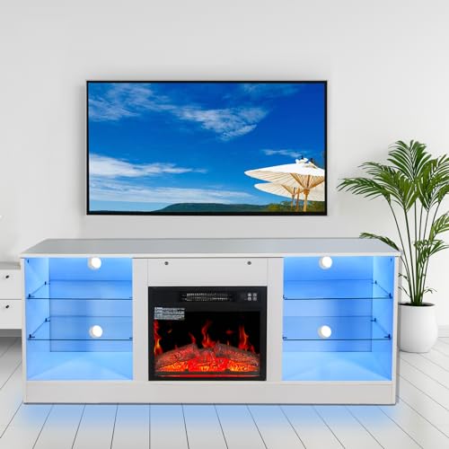 Fireplace TV Stand with 18 Inch Electric Fireplace Heater,Modern Entertainment Center for TVs up to 62 Inch with Adjustable Glass Shelves and Storage Cabinets (White)
