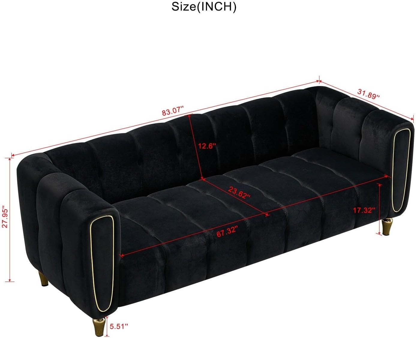 83.07 Inch Tufted Back Sectional Sofa Velvet W/Round Arms Black Plaid Casual Modern Contemporary Pattern Handmade