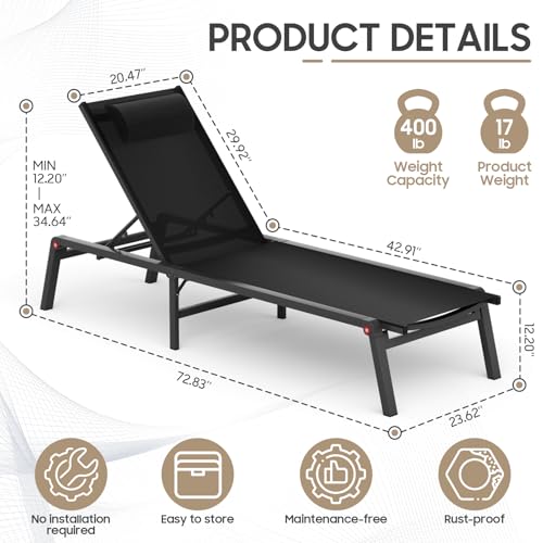 WOAJN Aluminum Patio Chaise Lounge Chair Set of 2,5-Position Adjustable Backrest,Foldable Lounge Chair Outdoor,Pool Lounge Chairs for Poolside,Lawn,Deck,Beach,Black