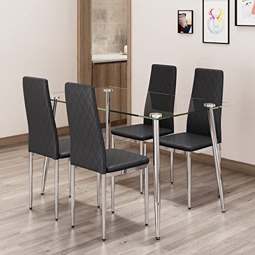 51” Modern Glass Dining Table Set for 4,Rectangular Tempered Glass Top Dinner Table and Grey Fabric Upholstered Dining Chairs Set of 4,5 Piece Dining Table Set for Kitchen
