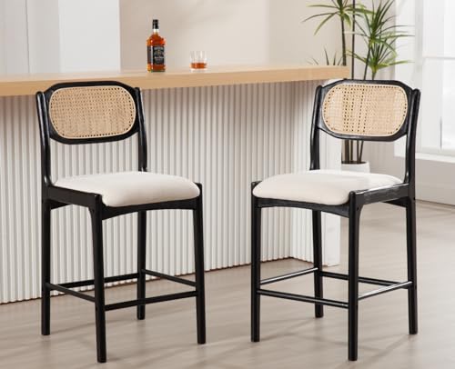 EALSON Rattan Counter Height Bar Stools Set of 2 Farmhouse Barstools with Cane Back Comfortable Linen Upholstered Bar Chairs Mid Century Modern Wood Counter Stools for Kitchen Island, Beige